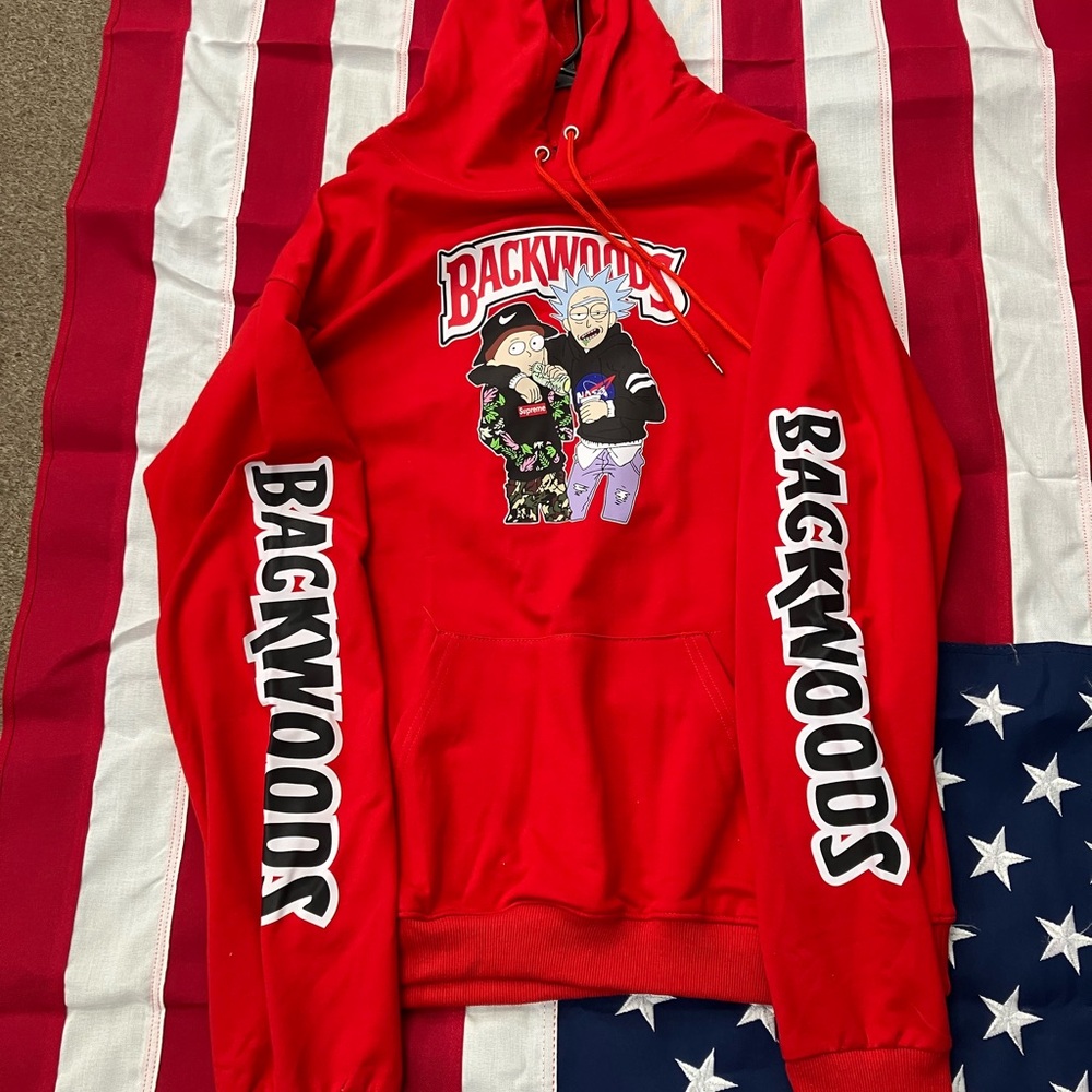 Red Hoodie with Graphic Design and Sleeve Text
